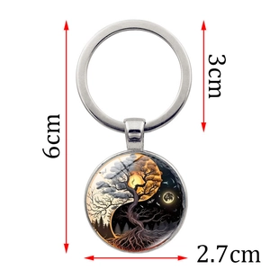 Porte-clés arbre de vie argenté avec pendentif yin yang et cabochon en verre de 2,7 cm