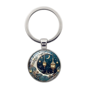 Goddess sun moon glass gem keychain with crescent moon and vintage lanterns on white background