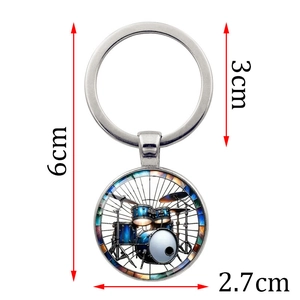 Drum set musical instrument glass pendant keychain with silver metal ring for drummers