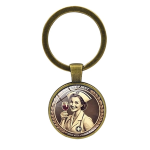 Vintage bronze nurse keychain with Safety First and Drink With A Nurse glass pendant