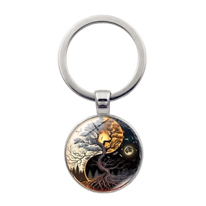 Porte-clés Arbre De Vie Soleil Et Lune Alliage De Zinc Cabochon En Verre Motif Équilibre Yin Yang Pendentif Anneau Métallique Accessoire Sac