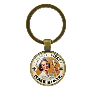 Vintage bronze nurse keychain with glass cabochon featuring safety first drink with a nurse