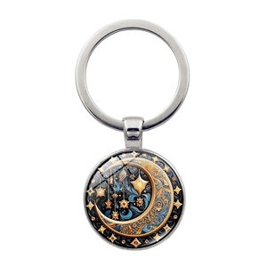 Artistic sun and moon goddess keychain with silver metal ring and blue celestial pendant