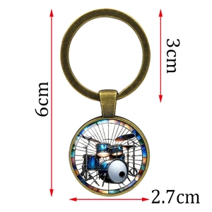 Drum set theme glass gem keychain pendant in bronze alloy with size dimensions included
