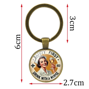 Detailed size view of retro nurse bronze keychain with measurements showing 6cm total length