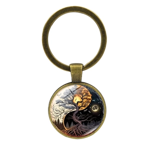 Porte-clés Arbre de Vie en bronze avec pendentif en verre Yin Yang Soleil et Lune