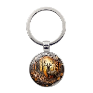 Vintage silver metal keychain with forest elk art glass cabochon pendant for bags