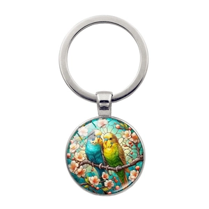 Parrots On Branches Pendant Keychain Metal Round Ring Glass Cabochon Budgie Bird Illustration Bag Hanging Decoration Women Creative Gift
