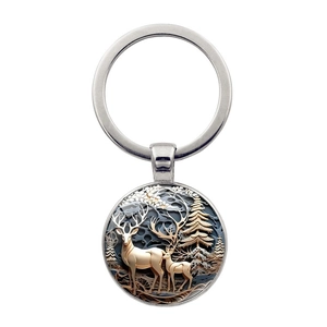 Vintage Forest Reindeer Keychain Metal Alloy Glass Cabochon Pendant Bag Hanging Charm Christmas Gift Accessory