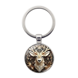 Vintage forest elk keychain with artistic deer illustration and polished metal ring