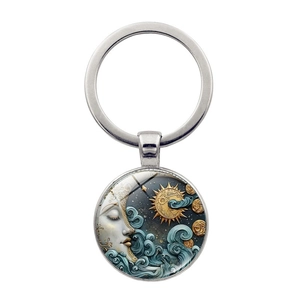 Vintage Celestial Sun Moon Goddess Keychain Alloy Metal Glass Cabochon Keyring Car Bag Pendant Gift For Women Men Jewelry