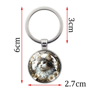 White cat time gem keychain with floral design and 2.7cm round glass pendant charm