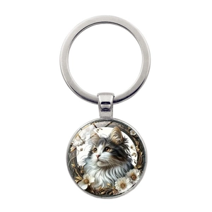 Vintage Cat Glass Gem Keychain Metal Zinc Alloy Key Ring Animal Pendant For Cat Lovers Women Birthday Gift Jewelry