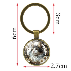 Vintage bronze white cat glass gem keychain with exact size measurements in cm