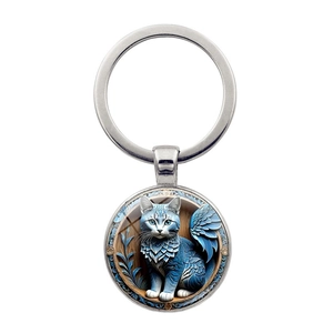 Fantasy Blue Winged Cat Pattern Zinc Alloy Glass Cabochon Keychain Vintage Silver Antique Bronze Pendant Keyring Gift Jewelry