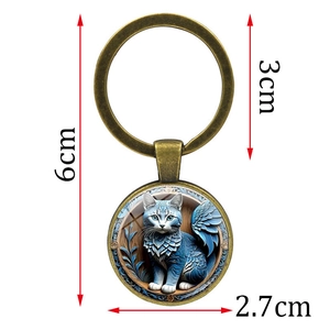 Antique bronze blue cat art glass cabochon keychain with 6cm total length and 3cm ring