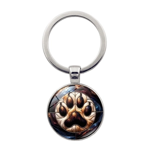 Colorful paw print glass pendant keychain with silver metal ring for animal lovers