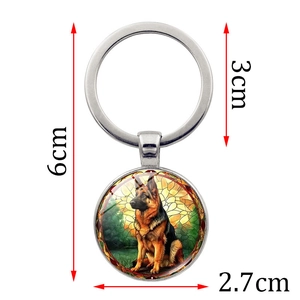 German Shepherd glass pendant keychain with dimensions of 6cm length and 3cm ring diameter