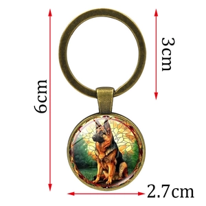 German Shepherd glass cabochon keychain with bronze metal ring and size markings