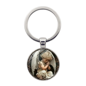 Vintage Angel Boy Glass Dome Keychain Zinc Alloy Round Pendant Key Ring Retro Style Religious Art Bag Accessory Decoration Gift
