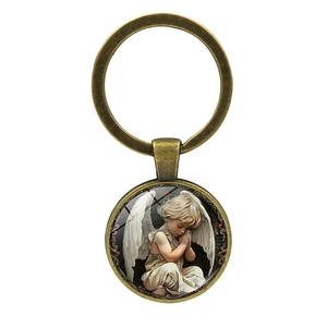 Vintage bronze angel boy keychain with convex glass dome and praying cupid pendant