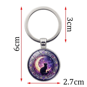 Detailed dimensions of the black cat and moon glass pendant keychain with alloy ring