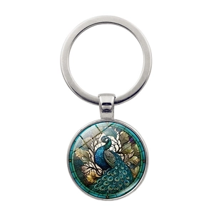 Colorful peacock glass cabochon keychain with silver metal ring for car and bag