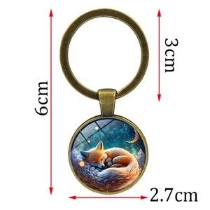 Porte-clés pendentif en verre d'art renard endormi en bronze avec mesures de taille