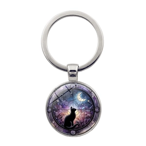 Artistic metal keychain with black cat on moon design in polished silver finish