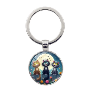 Wunderlicher Cartoon Katze Muster Mondlicht Zaun Singende Katzen Schlüsselanhänger Metall Zinklegierung Glas Cabochon Anhänger