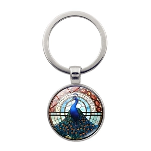 Exquisite peacock glass pendant keychain with bronze metal ring for car bags and gift decor