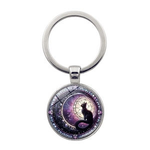Polished silver keychain featuring a black cat silhouette and purple moon design