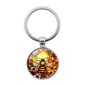 Silver metal bee and floral glass dome keychain pendant for bags and car keys