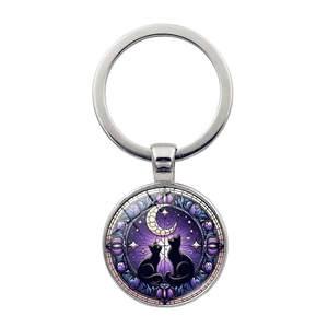 Silver alloy moon and black cats keychain with stained glass style art pendant