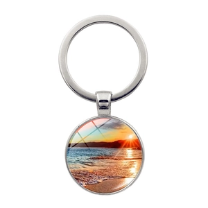 Porte-clés artistique paysage de coucher de soleil sur la plage avec anneau en métal