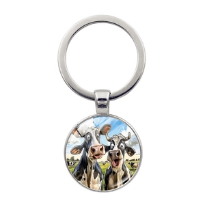 Funny cow pattern glass gem keychain with silver metal ring for car keys or bags