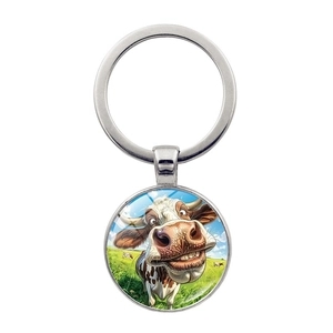 Funny cow glass cabochon keychain with silver metal ring for bags and car keys