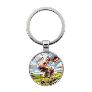 Funny cartoon cow silver metal keychain pendant with colorful glass gem art illustration