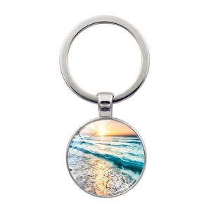 Porte-clés en Métal Paysage de Coucher de Soleil sur la Plage Porte-clés Rond en Alliage de Zinc avec Dôme en Verre