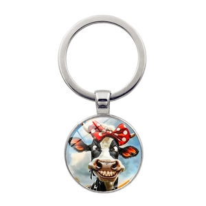 Funny cartoon cow glass dome keychain with silver metal ring for car bags and gift