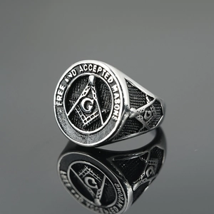 Vintage silver and black stainless steel Freemason ring with Masonic square and compass