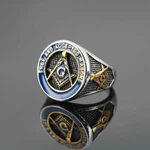 Freemasonry titanium steel signet ring with blue enamel and gold square and compass symbol