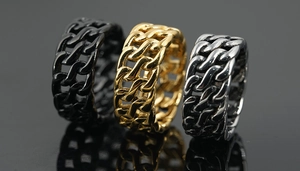 Detailansicht der Panzerketten-Ringe in Schwarz, Gold und Silber für Herren