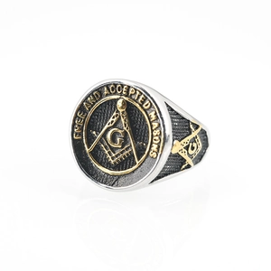Two-tone Freemason stainless steel ring featuring relief square and compass symbols