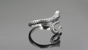 Detailed macro view of the vintage snake ring with realistic silver scale texture