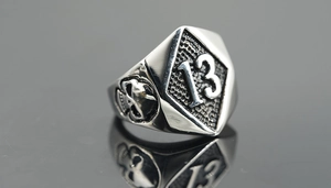 Macro view of punk men's ring with 13 digit engraving and 3D skull relief details