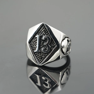 Vintage stainless steel ring for men featuring number 13 relief and skull engravings