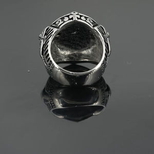 Vintage evil eye steel ring for men with detailed relief and antiqued silver finish