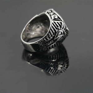 Retro pharaoh mask engraved steel ring for men with punk style and oxidized silver finish