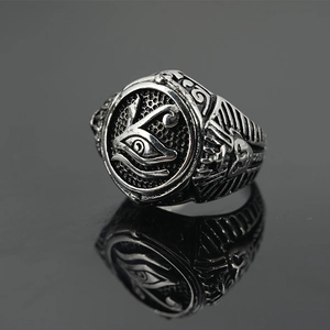 Vintage silver Horus Eye men's ring with Egyptian Ankh symbols and a mirror reflection